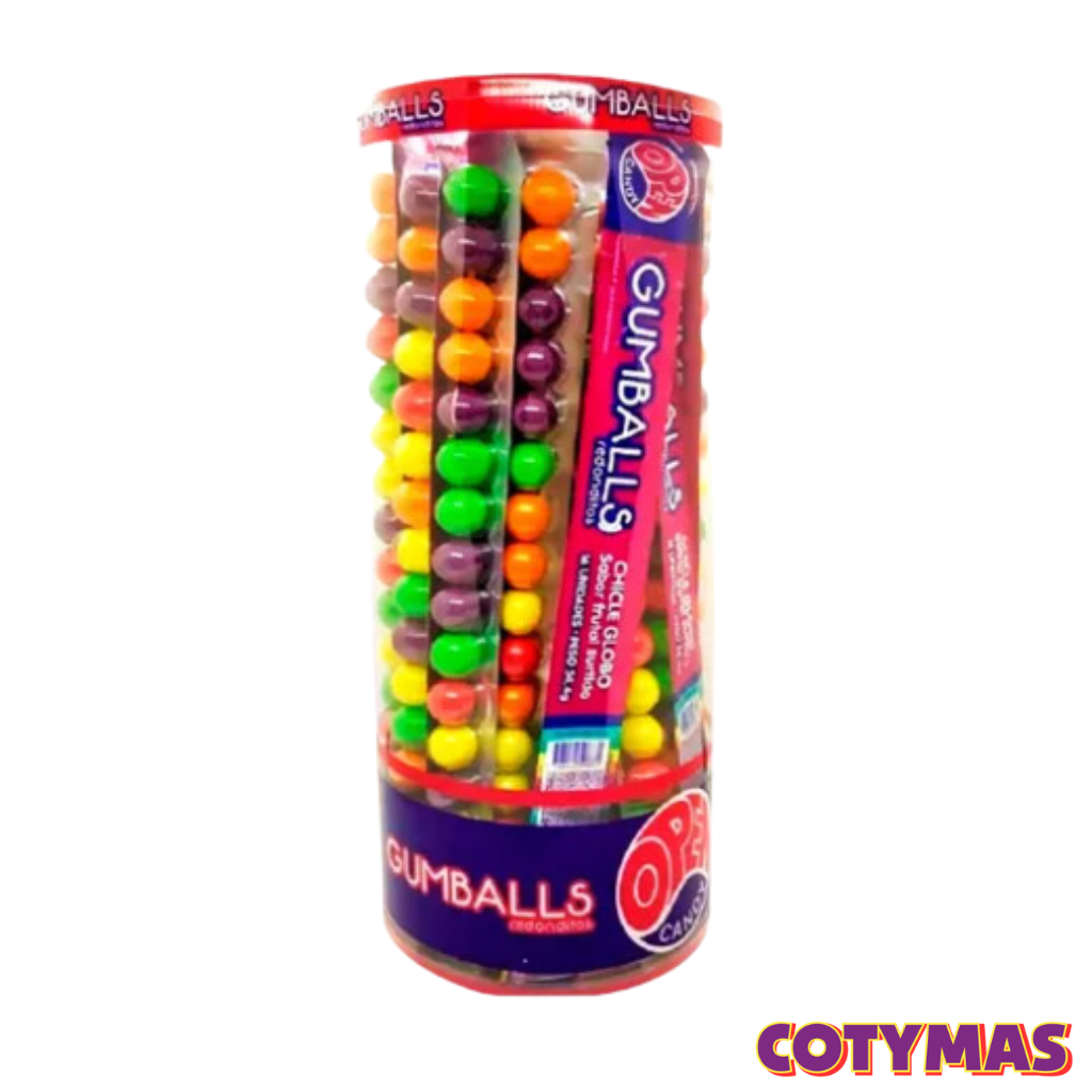 Chicle frutal Gumballs redonditos en pote 24x16u